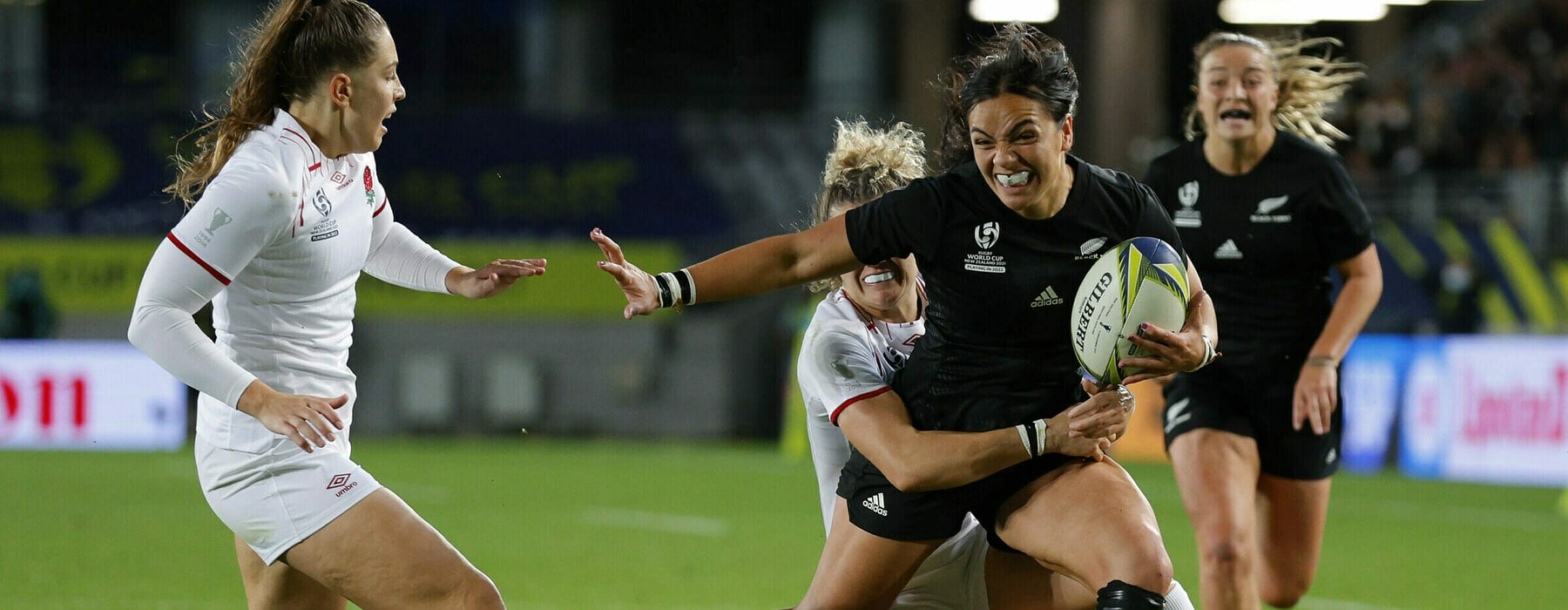 AUCKLAND, NEW ZEALAND - NOVEMBER 12: Stacey Fluhler of New Zealand is tackled during the Rugby World Cup 2021 Final match between New Zealand and England at Eden Park on November 12, 2022 in Auckland, New Zealand. (Photo by Hagen Hopkins - World Rugby/World Rugby via Getty Images)