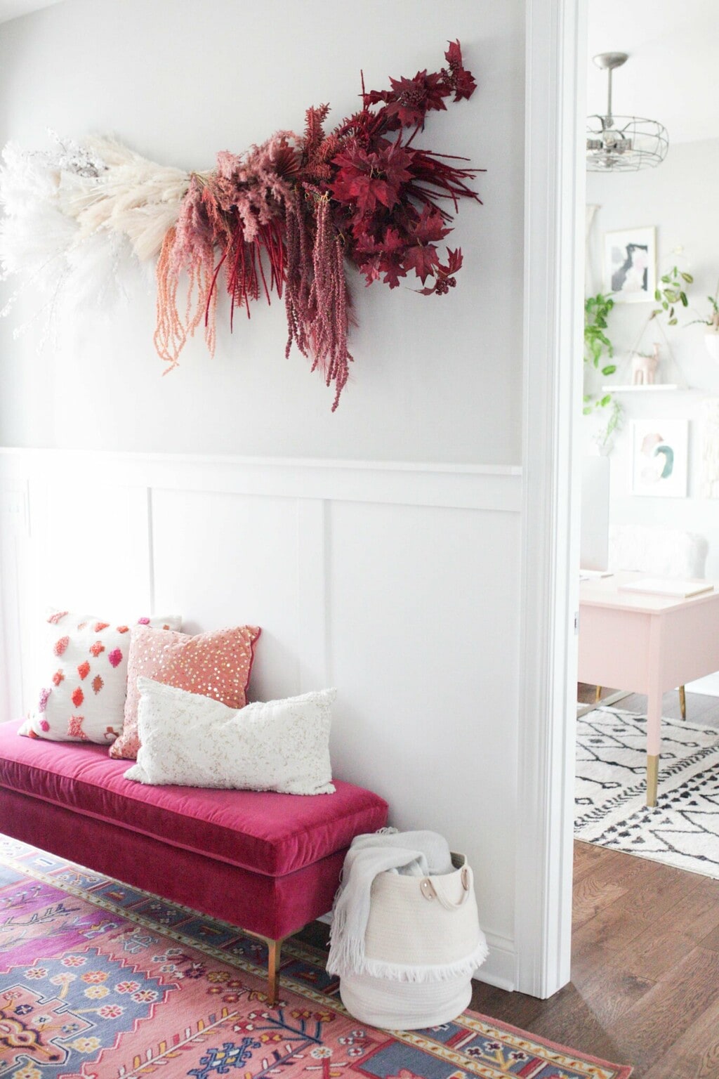 neutral home with pops of colour with the use of dried flowers.  