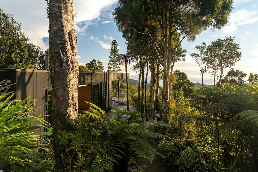 the exterior of Piha Retreat, one of the most luxurious summer Airbnb's in New Zealand