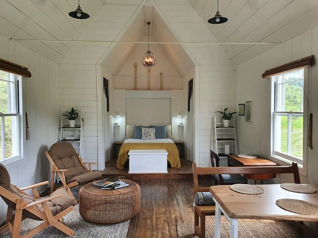 Interior of Russell Cottage, one of the top summer Airbnb rentals in New Zealand.