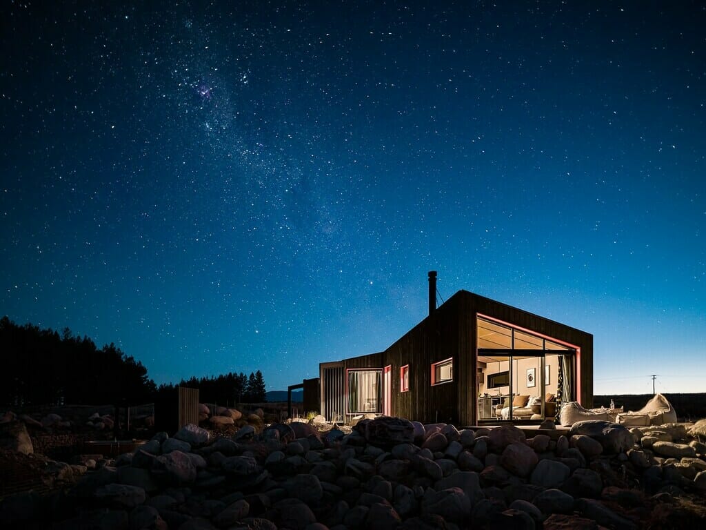 Rural Twizel Airbnb night time view with the sky full of stars. 