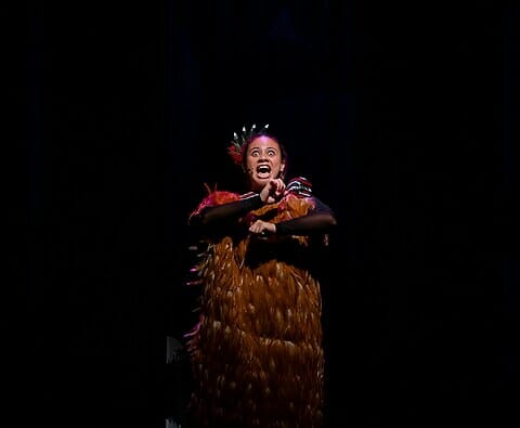 Cast member of Kōpū, Ngākirikiri Kershaw, performing at Te Pou Theatre in Auckland.