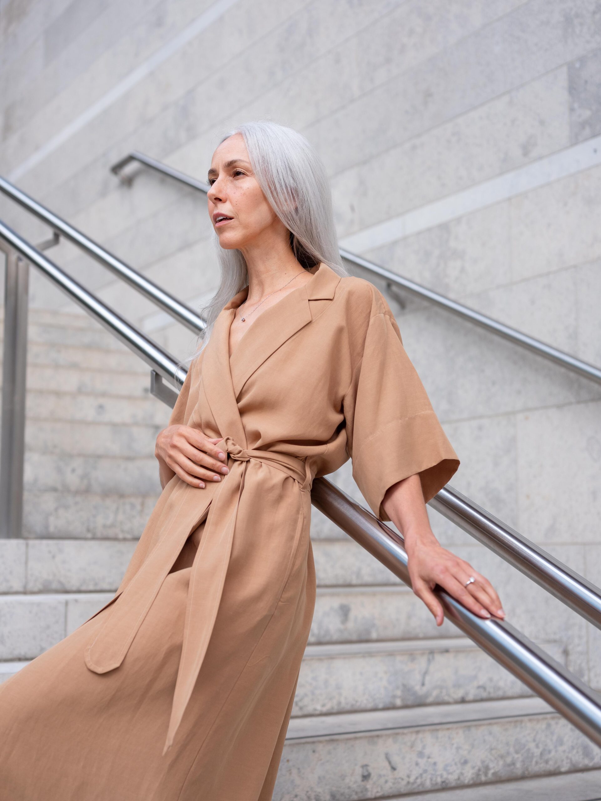 model wearing  Ovna Ovich Ora shirt dress, $550, Post Sole Studio Summer Lane Contour heel, $490, The Floeting Diamond jeweller